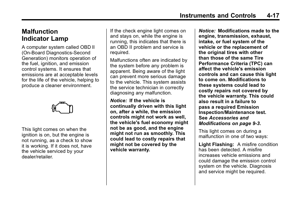 Malfunction indicator lamp, Lamp -17, Instruments and controls 4-17 | Buick 2010 Lacrosse User Manual | Page 103 / 418