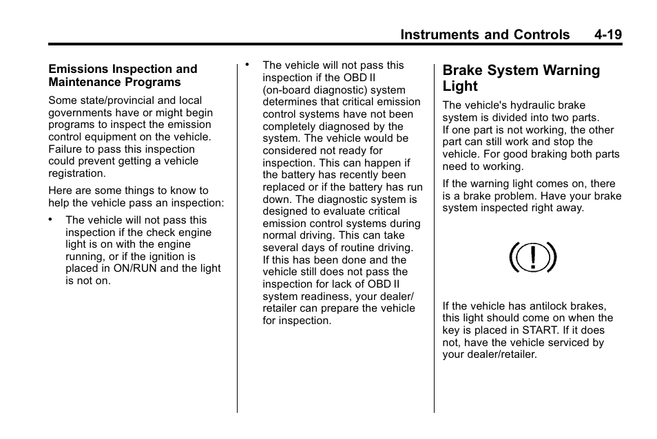 Brake system warning light, Brake system warning, Light -19 | Instruments and controls 4-19 | Buick 2010 Lacrosse User Manual | Page 105 / 418