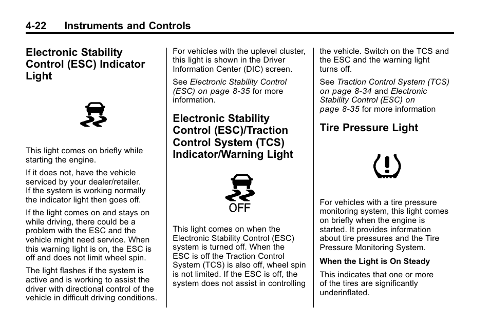 Electronic stability control (esc) indicator light, Tire pressure light, Electronic stability control | Esc) indicator light -22, Ire pressure light -22 | Buick 2010 Lacrosse User Manual | Page 108 / 418