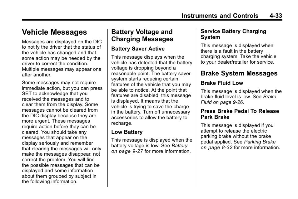 Vehicle messages, Battery voltage and charging messages, Brake system messages | Vehicle messages -33 battery voltage and charging, Messages -33, Brake system messages -33, Vehicle | Buick 2010 Lacrosse User Manual | Page 119 / 418