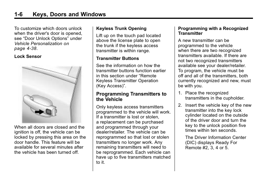 6 keys, doors and windows | Buick 2010 Lacrosse User Manual | Page 12 / 418