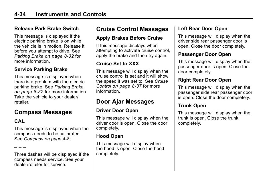 Compass messages, Cruise control messages, Door ajar messages | Onstar, System | Buick 2010 Lacrosse User Manual | Page 120 / 418