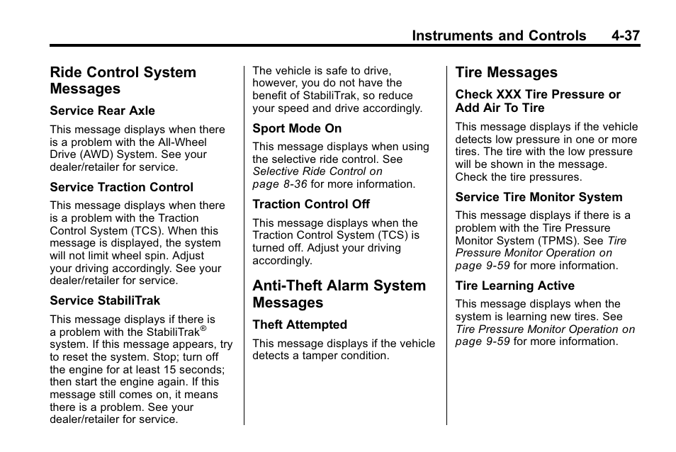 Ride control system messages, Anti-theft alarm system messages, Tire messages | Ride control system, Messages -37, Alarm system, Tire messages -37 | Buick 2010 Lacrosse User Manual | Page 123 / 418