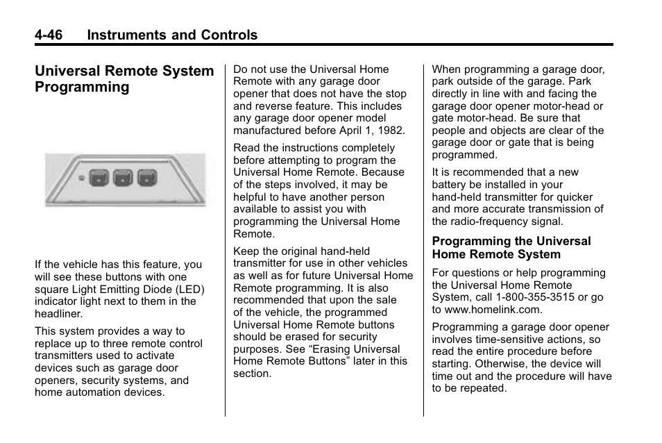 Universal remote system programming, Remote system, Programming -46 | 46 instruments and controls | Buick 2010 Lacrosse User Manual | Page 132 / 418