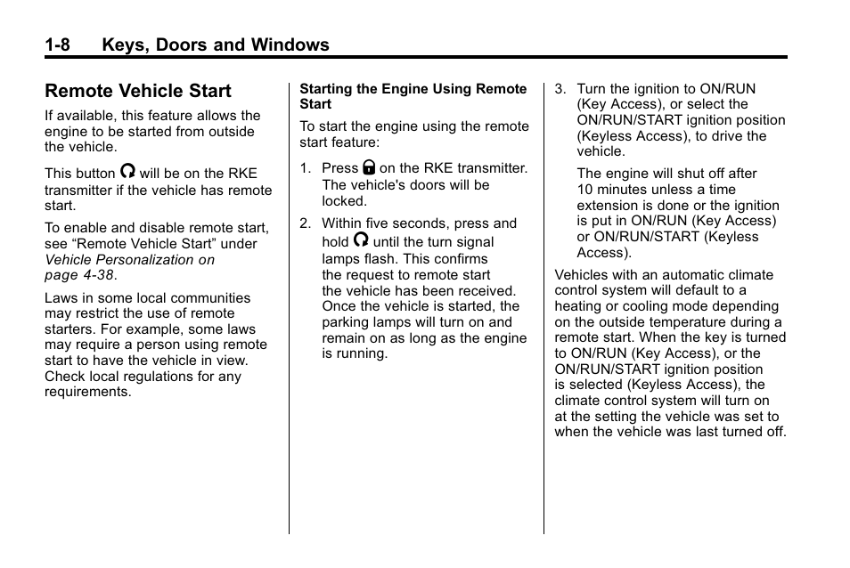 Remote vehicle start, Remote vehicle start -8, 8 keys, doors and windows | Buick 2010 Lacrosse User Manual | Page 14 / 418