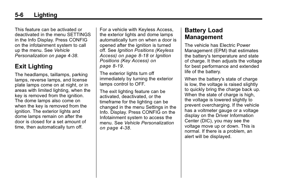 Exit lighting, Battery load management, Exit lighting -6 battery load management -6 | Buick 2010 Lacrosse User Manual | Page 142 / 418