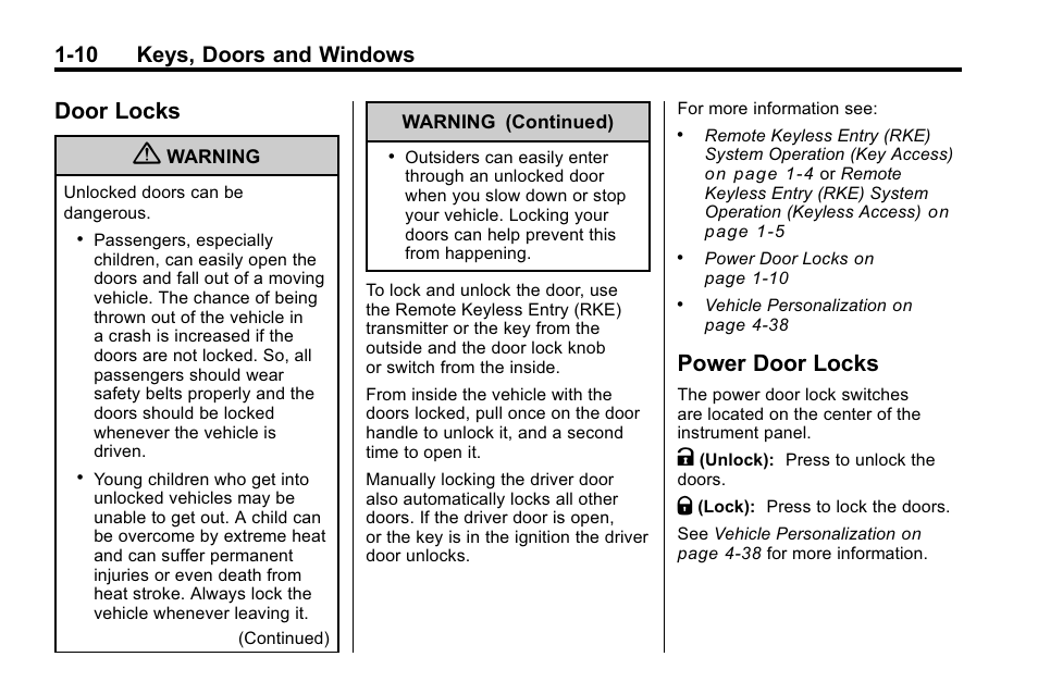 Door locks, Power door locks, Door locks -10 power door locks -10 | 10 keys, doors and windows | Buick 2010 Lacrosse User Manual | Page 16 / 418
