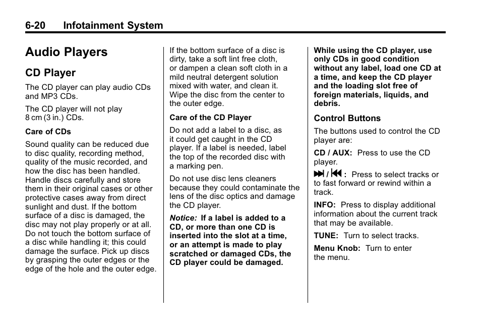 Audio players, Cd player, Players -20 | Cd player -20 | Buick 2010 Lacrosse User Manual | Page 164 / 418