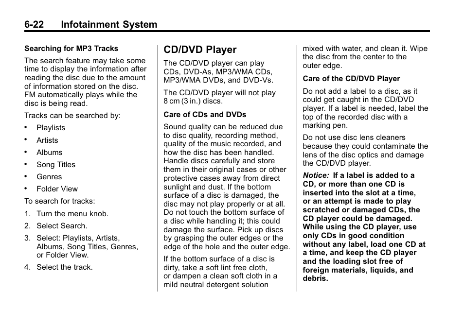 Cd/dvd player, Cd/dvd player -22, Read the following | 22 infotainment system | Buick 2010 Lacrosse User Manual | Page 166 / 418