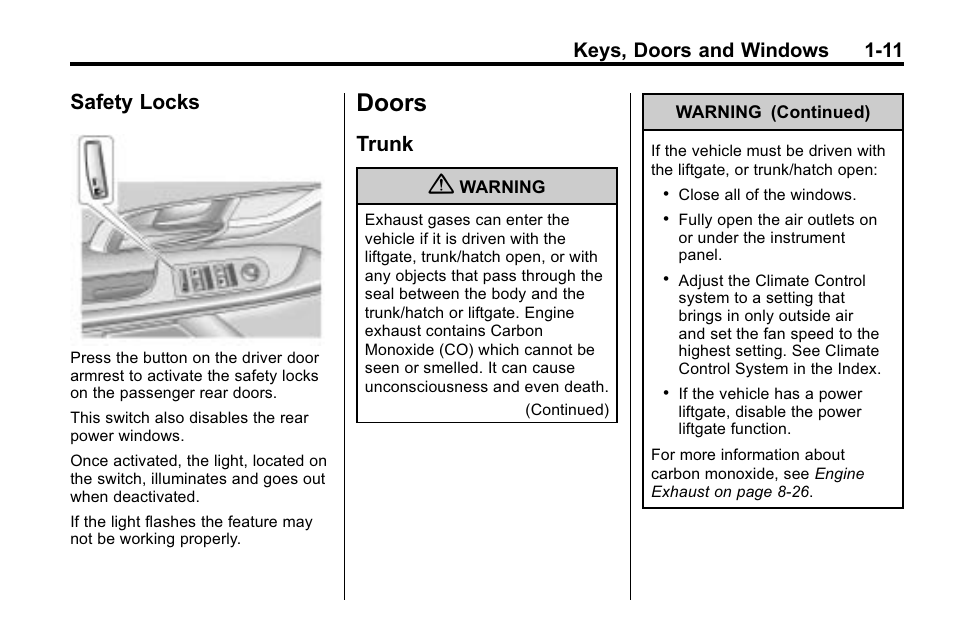 Safety locks, Doors, Trunk | Doors -11, Controls, Safety locks -11, Trunk -11, Keys, doors and windows 1-11 | Buick 2010 Lacrosse User Manual | Page 17 / 418