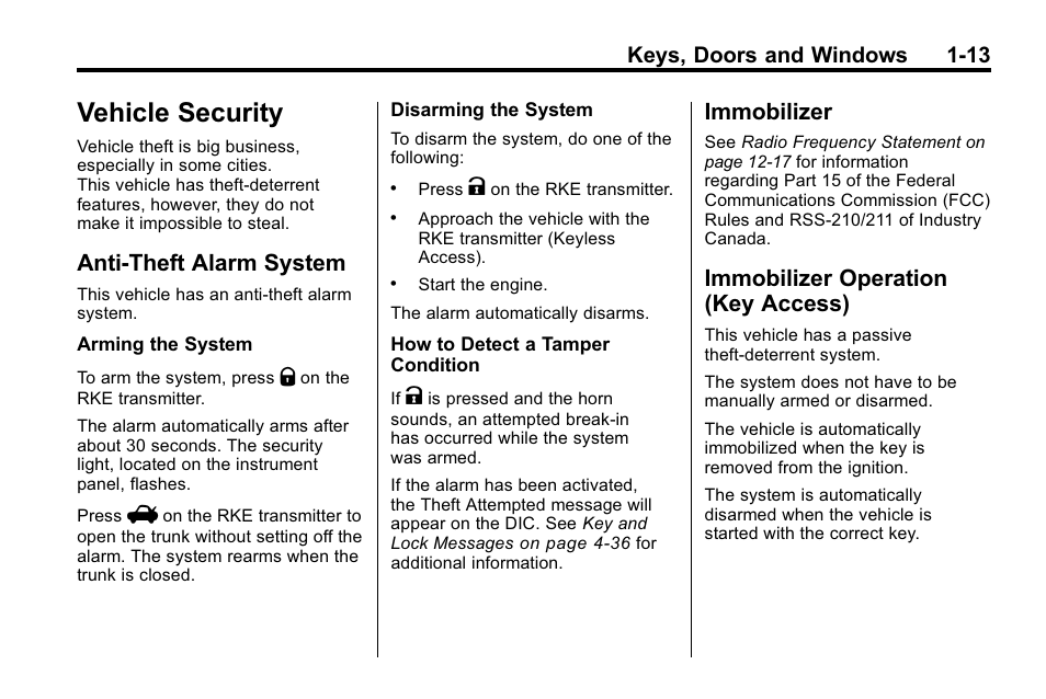 Vehicle security, Anti-theft alarm system, Immobilizer | Immobilizer operation (key access), Vehicle security -13, Warning lights, Key access) -13, Keys, doors and windows 1-13 | Buick 2010 Lacrosse User Manual | Page 19 / 418