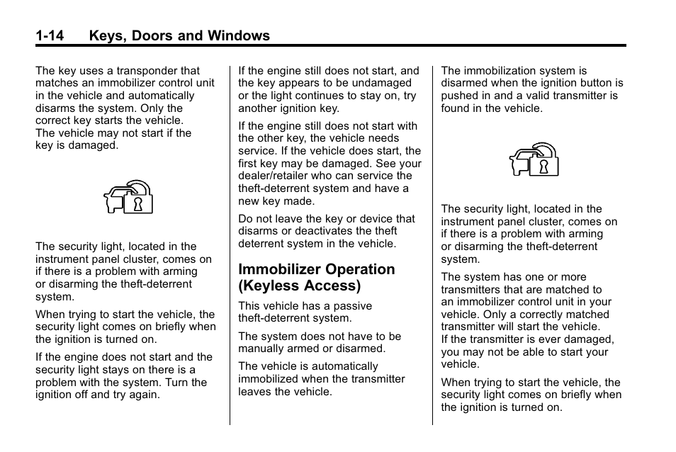 Immobilizer operation (keyless access), Immobilizer operation, Keyless access) -14 | 14 keys, doors and windows | Buick 2010 Lacrosse User Manual | Page 20 / 418