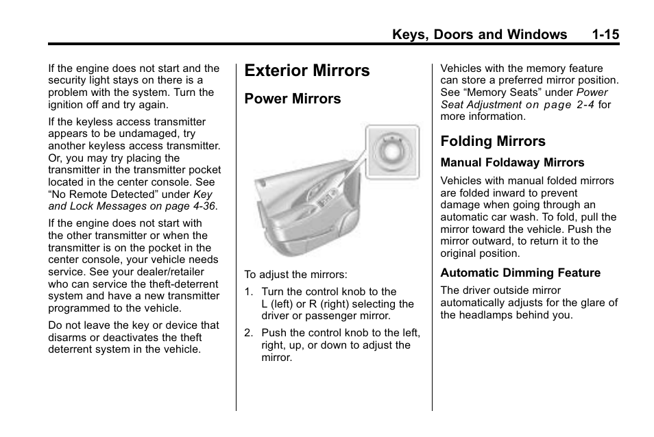 Exterior mirrors, Power mirrors, Folding mirrors | Exterior mirrors -15, Indicators, Power mirrors -15 folding mirrors -15 | Buick 2010 Lacrosse User Manual | Page 21 / 418