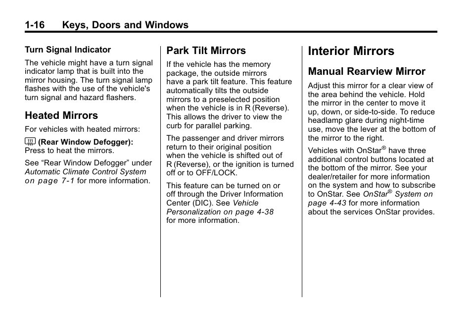 Heated mirrors, Park tilt mirrors, Interior mirrors | Manual rearview mirror, Interior mirrors -16, Mirrors -16 park tilt mirrors -16, Manual rearview mirror -16, 16 keys, doors and windows | Buick 2010 Lacrosse User Manual | Page 22 / 418