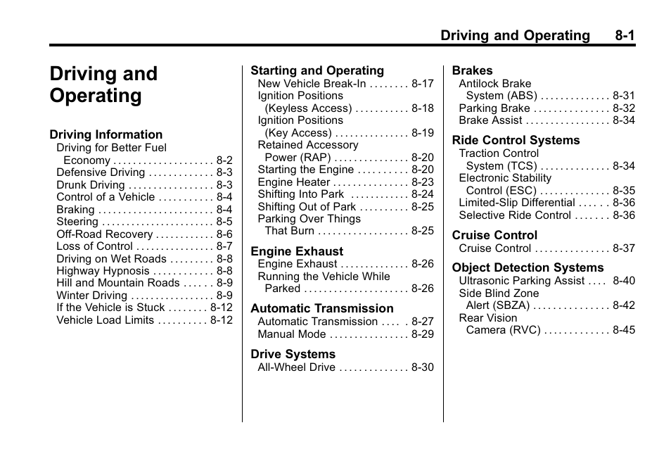 Driving and operating, Driving and operating 8-1 | Buick 2010 Lacrosse User Manual | Page 221 / 418