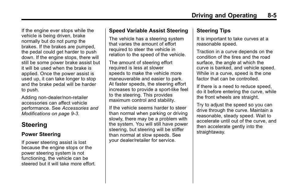 Steering, Steering -5, Parking | Driving and operating 8-5 | Buick 2010 Lacrosse User Manual | Page 225 / 418