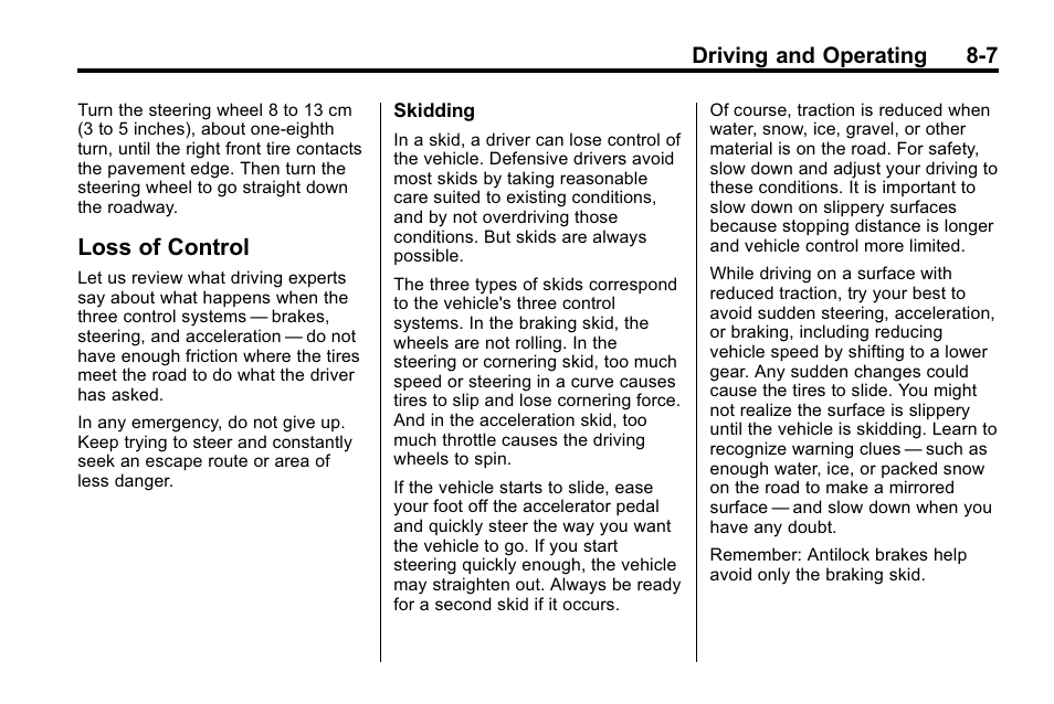 Loss of control, Loss of control -7, Engine | Driving and operating 8-7 | Buick 2010 Lacrosse User Manual | Page 227 / 418