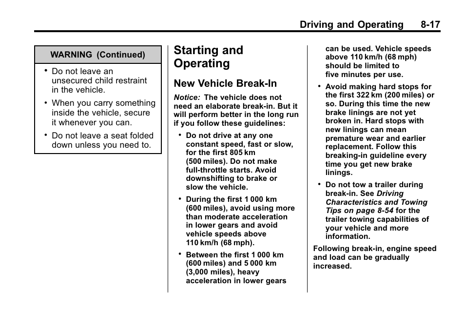Starting and operating, New vehicle break-in, New vehicle break-in -17 | Driving and operating 8-17 | Buick 2010 Lacrosse User Manual | Page 237 / 418