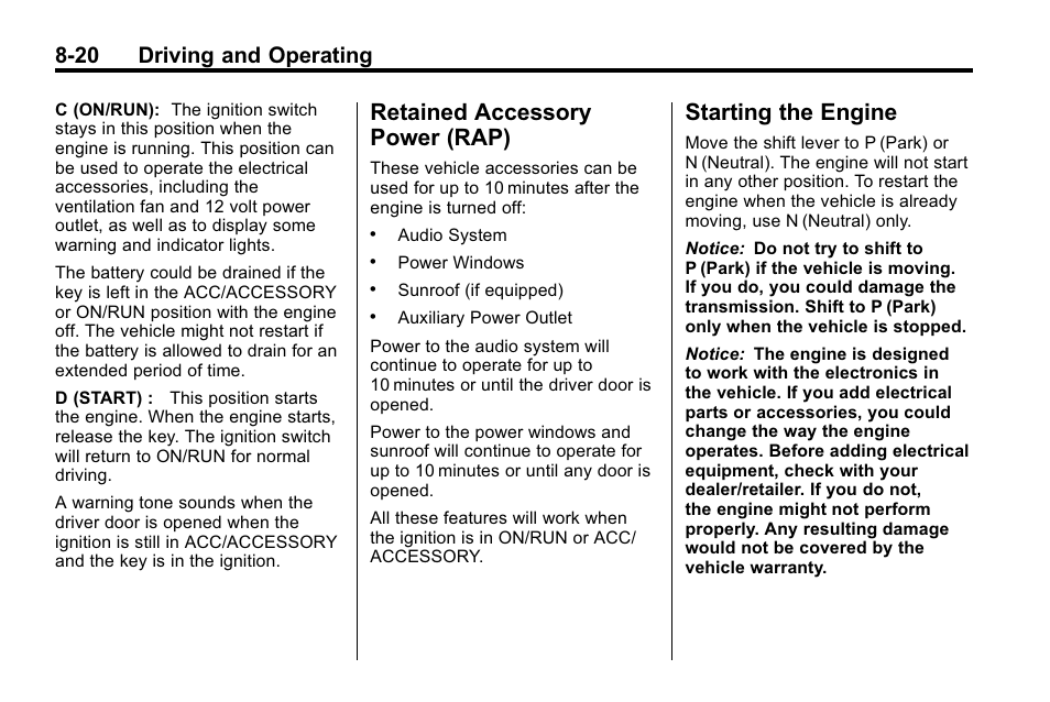 Retained accessory power (rap), Starting the engine, Retained accessory | Power (rap) -20, Starting the engine -20, 20 driving and operating | Buick 2010 Lacrosse User Manual | Page 240 / 418