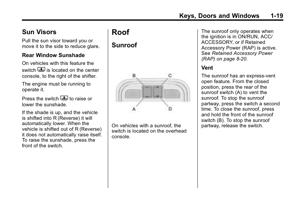 Sun visors, Roof, Sunroof | Roof -19, Vehicle, Sun visors -19, Sunroof -19 | Buick 2010 Lacrosse User Manual | Page 25 / 418