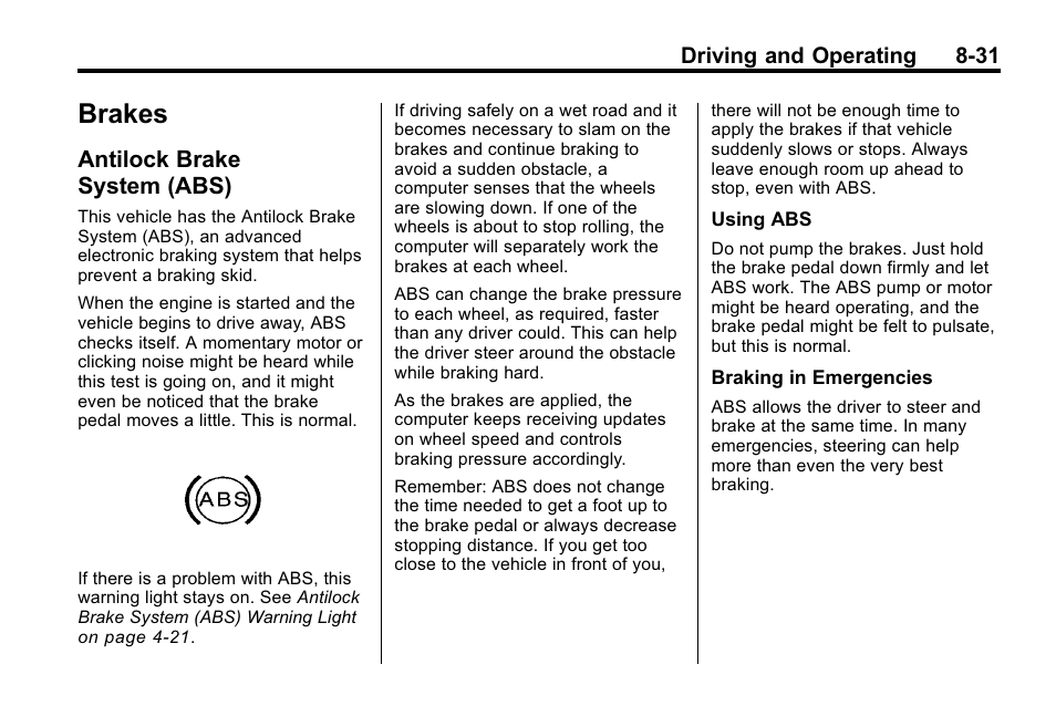 Brakes, Antilock brake system (abs), Brakes -31 | Antilock brake, System (abs) -31 | Buick 2010 Lacrosse User Manual | Page 251 / 418