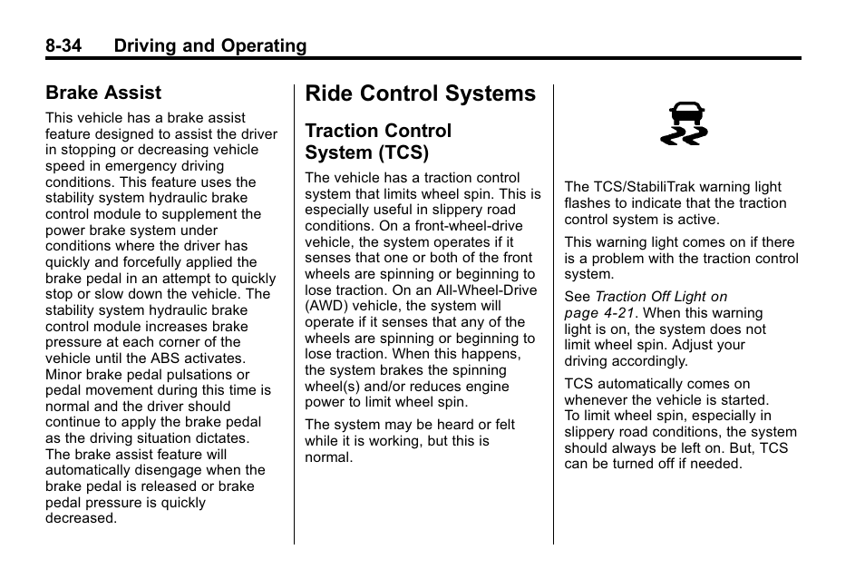 Brake assist, Ride control systems, Traction control system (tcs) | Brake assist -34, Traction control, System (tcs) -34 | Buick 2010 Lacrosse User Manual | Page 254 / 418