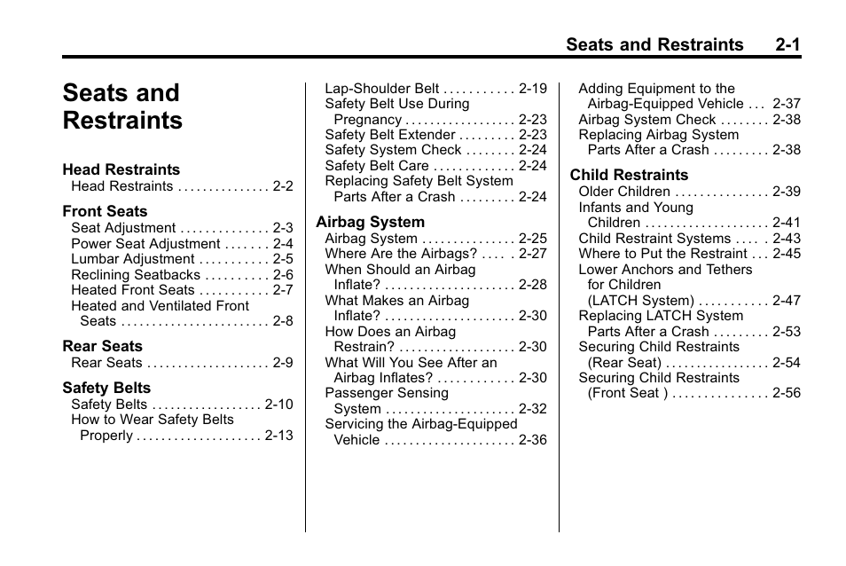 Seats and restraints, Seats and restraints -1, Seats and restraints 2-1 | Buick 2010 Lacrosse User Manual | Page 27 / 418