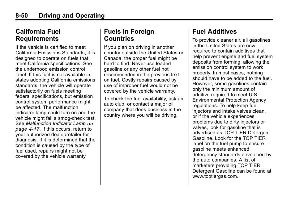 California fuel requirements, Fuels in foreign countries, Fuel additives | California fuel, Requirements -50, Fuels in foreign countries -50 fuel additives -50 | Buick 2010 Lacrosse User Manual | Page 270 / 418