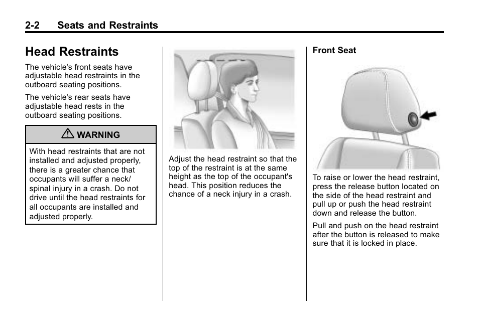 Head restraints, Head restraints -2, Replacing | Buick 2010 Lacrosse User Manual | Page 28 / 418