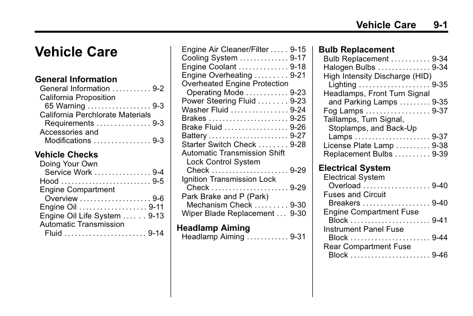Vehicle care, Vehicle care -1, Vehicle care 9-1 | Buick 2010 Lacrosse User Manual | Page 281 / 418