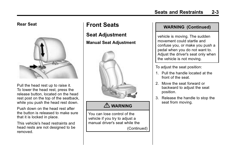 Front seats, Seat adjustment, Front seats -3 | Lighting, Seat adjustment -3, Airbag | Buick 2010 Lacrosse User Manual | Page 29 / 418