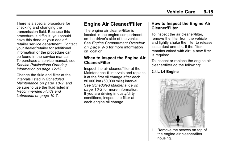 Engine air cleaner/filter, Engine air cleaner/filter -15, Bulb | Engine air cleaner/filter on, Vehicle care 9-15 | Buick 2010 Lacrosse User Manual | Page 295 / 418