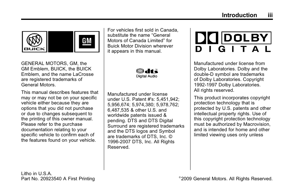 Introduction, Introduction iii | Buick 2010 Lacrosse User Manual | Page 3 / 418