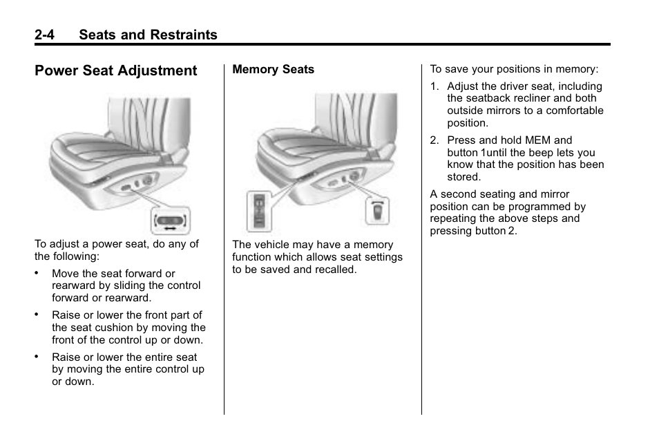 Power seat adjustment, Power seat adjustment -4, Airbag | 4 seats and restraints | Buick 2010 Lacrosse User Manual | Page 30 / 418