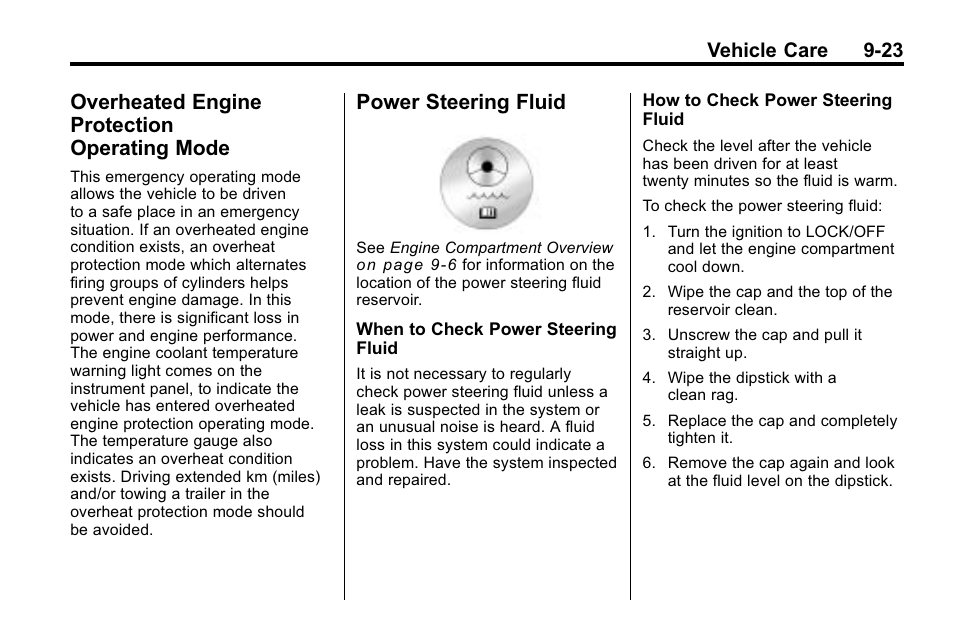 Overheated engine protection operating mode, Power steering fluid, Overheated engine protection | Operating mode -23, Power steering fluid -23, Vehicle care 9-23 | Buick 2010 Lacrosse User Manual | Page 303 / 418