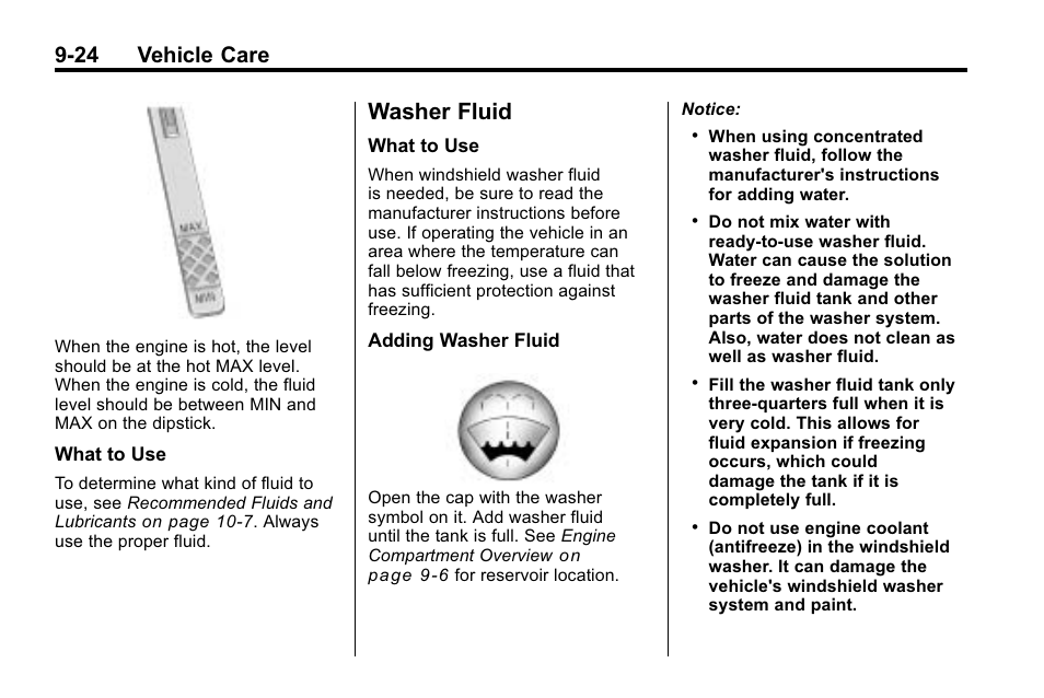 Washer fluid, Washer fluid -24, 24 vehicle care | Buick 2010 Lacrosse User Manual | Page 304 / 418