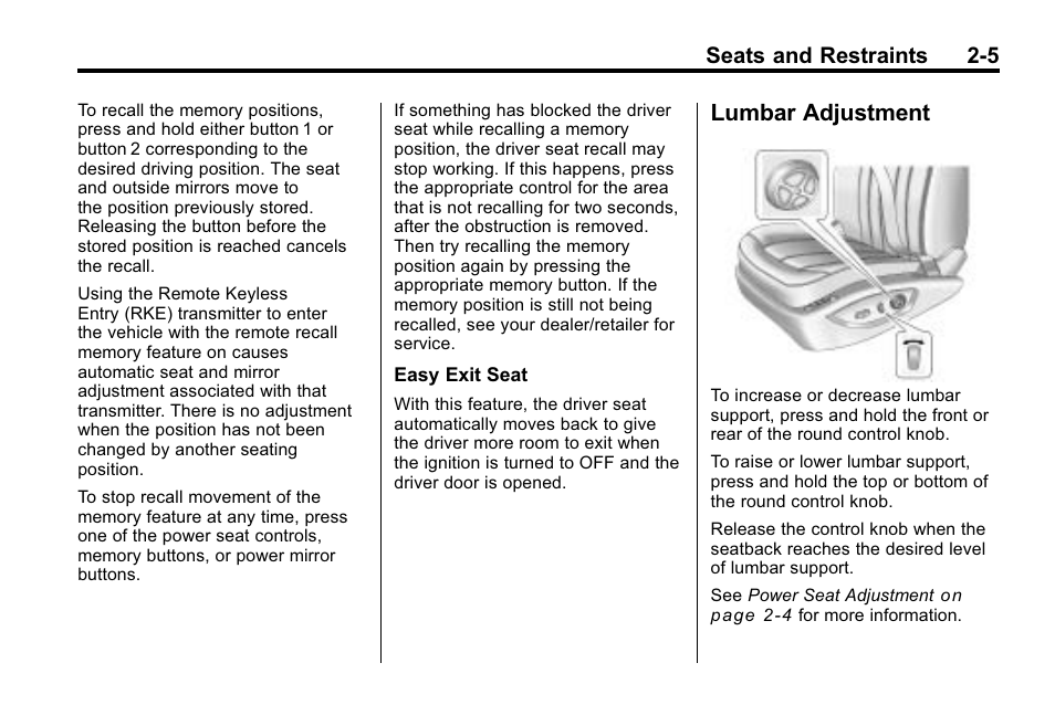 Lumbar adjustment, Lumbar adjustment -5, Seats and restraints 2-5 | Buick 2010 Lacrosse User Manual | Page 31 / 418