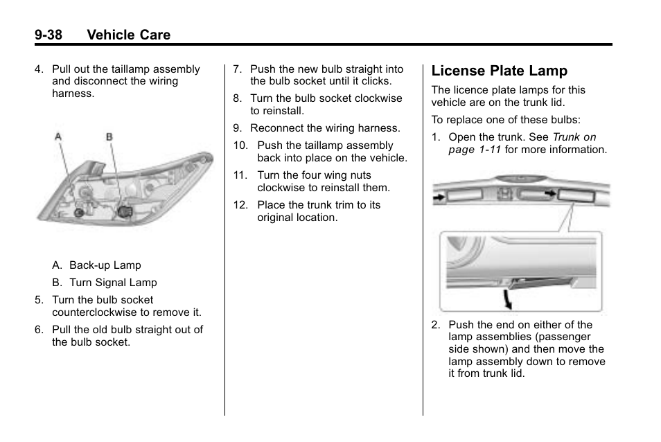 License plate lamp, License plate lamp -38, 38 vehicle care | Buick 2010 Lacrosse User Manual | Page 318 / 418