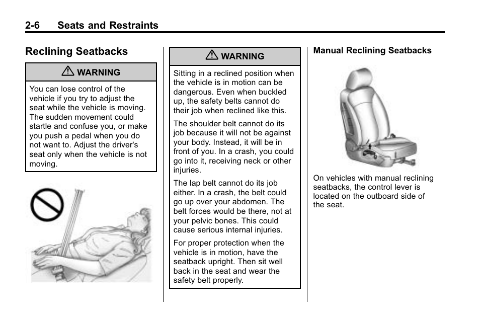Reclining seatbacks, Reclining seatbacks -6, When | Buick 2010 Lacrosse User Manual | Page 32 / 418
