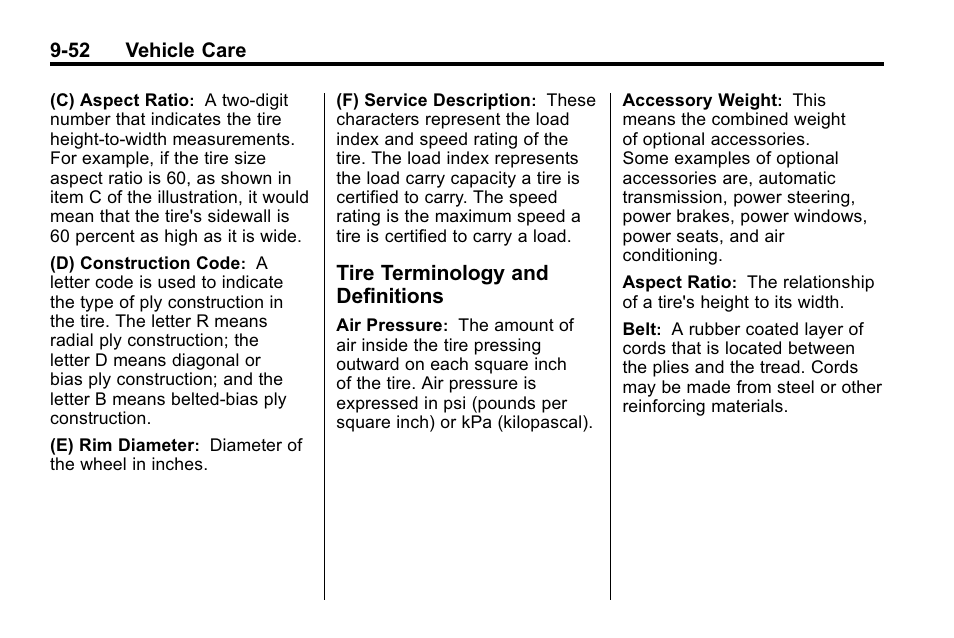 Tire terminology and definitions, Tire terminology and, Definitions -52 | Buick 2010 Lacrosse User Manual | Page 332 / 418