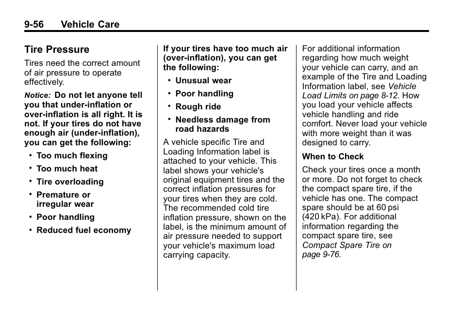 Tire pressure, Tire pressure -56, 56 vehicle care | Buick 2010 Lacrosse User Manual | Page 336 / 418