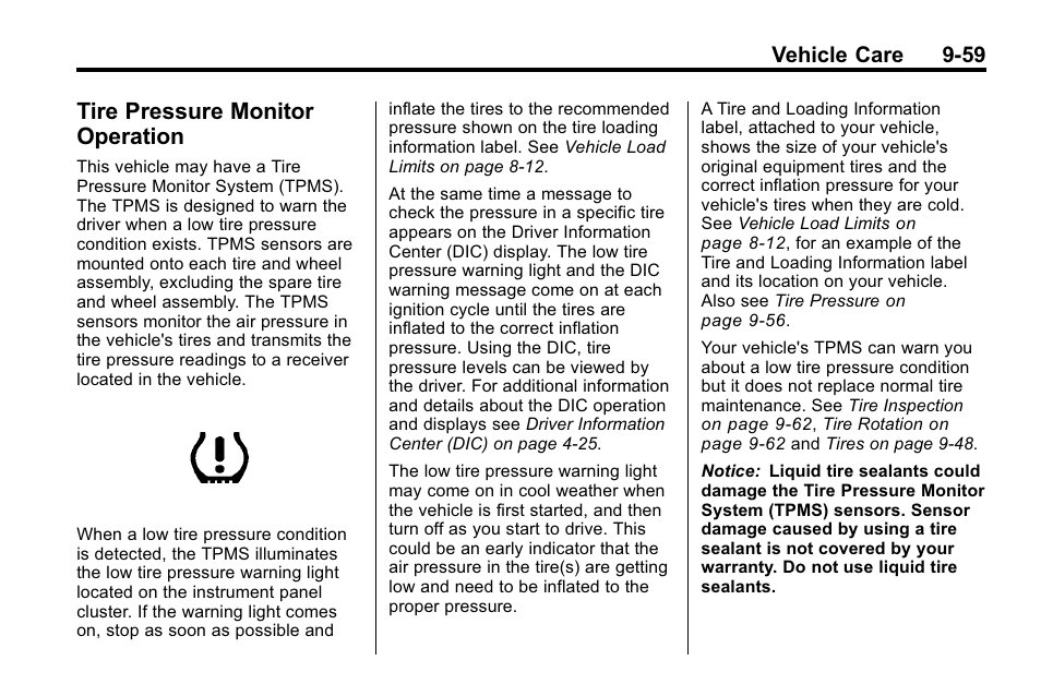 Tire pressure monitor operation, Tire pressure monitor, Operation -59 | Vehicle care 9-59 | Buick 2010 Lacrosse User Manual | Page 339 / 418