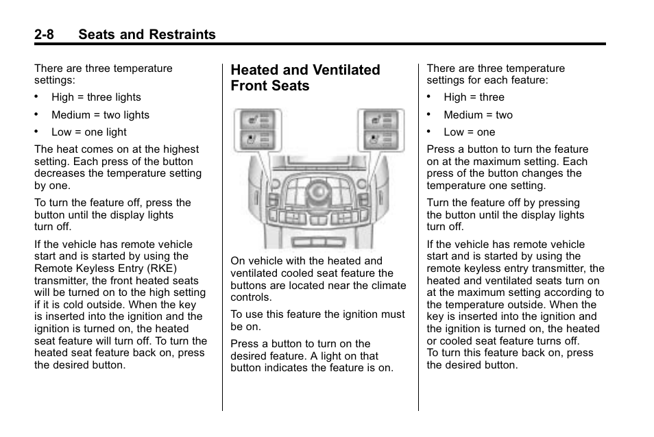 Heated and ventilated front seats, Heated and ventilated front, Seats -8 | 8 seats and restraints | Buick 2010 Lacrosse User Manual | Page 34 / 418