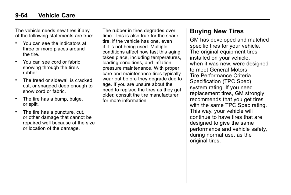 Buying new tires, Buying new tires -64, 64 vehicle care | Buick 2010 Lacrosse User Manual | Page 344 / 418