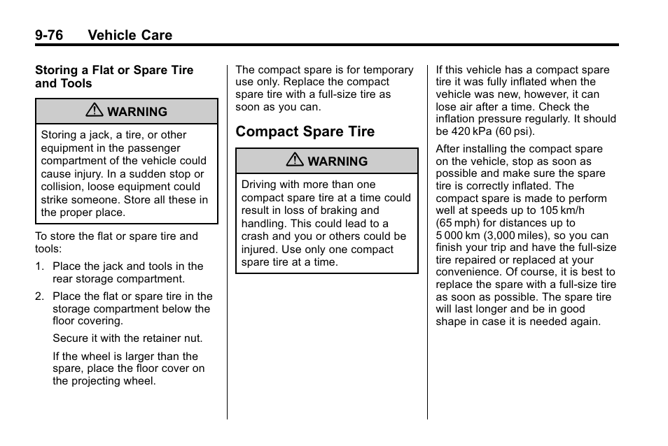 Compact spare tire, Compact spare tire -76 | Buick 2010 Lacrosse User Manual | Page 356 / 418