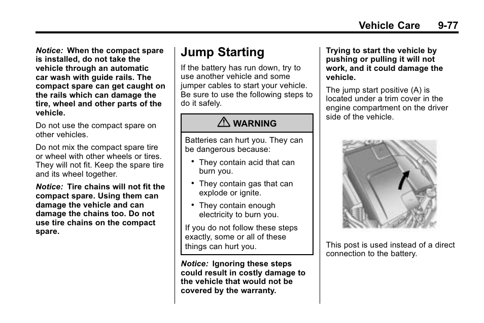 Jump starting, Jump starting -77, Vehicle care 9-77 | Buick 2010 Lacrosse User Manual | Page 357 / 418