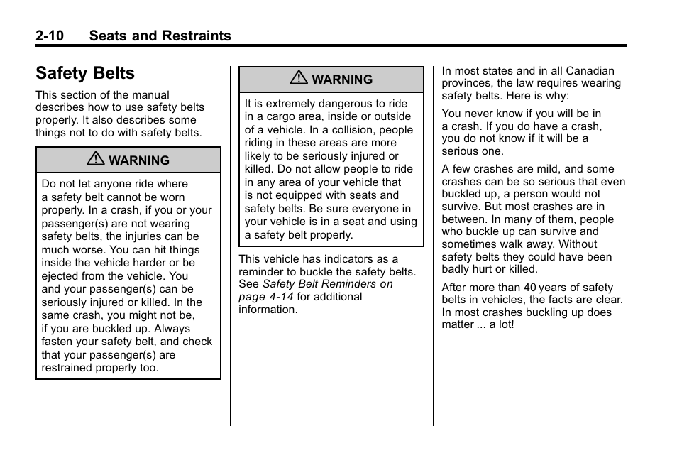 Safety belts, Safety belts -10, Interior lighting | Buick 2010 Lacrosse User Manual | Page 36 / 418