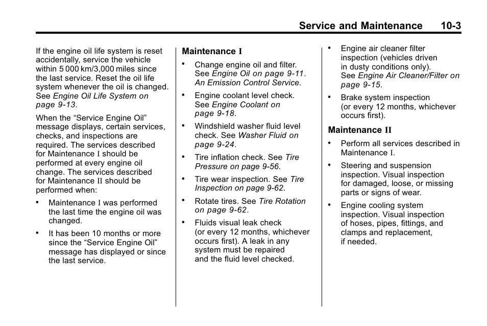 Service and maintenance 10-3, Maintenance i, Maintenance ii | Buick 2010 Lacrosse User Manual | Page 375 / 418