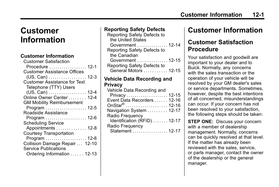 Customer information, Customer satisfaction procedure, Customer information 12-1 | Buick 2010 Lacrosse User Manual | Page 389 / 418