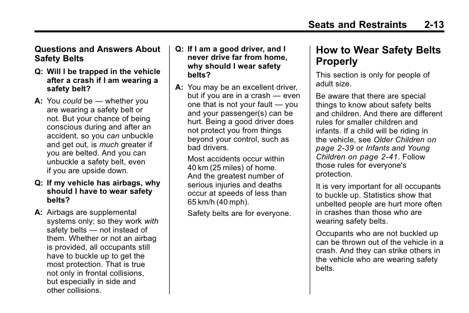 How to wear safety belts properly, How to wear safety belts, Properly -13 | Seats and restraints 2-13 | Buick 2010 Lacrosse User Manual | Page 39 / 418